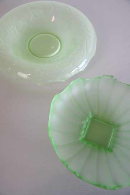 Two Deco Green Glass Bowls