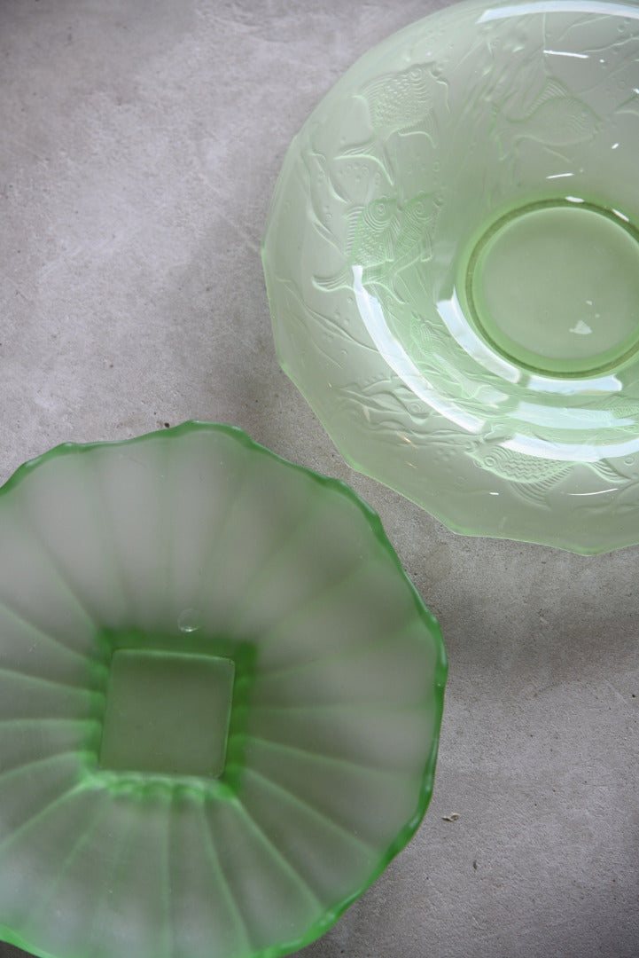 Two Deco Green Glass Bowls