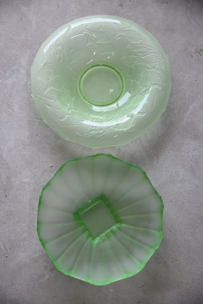 Two Deco Green Glass Bowls