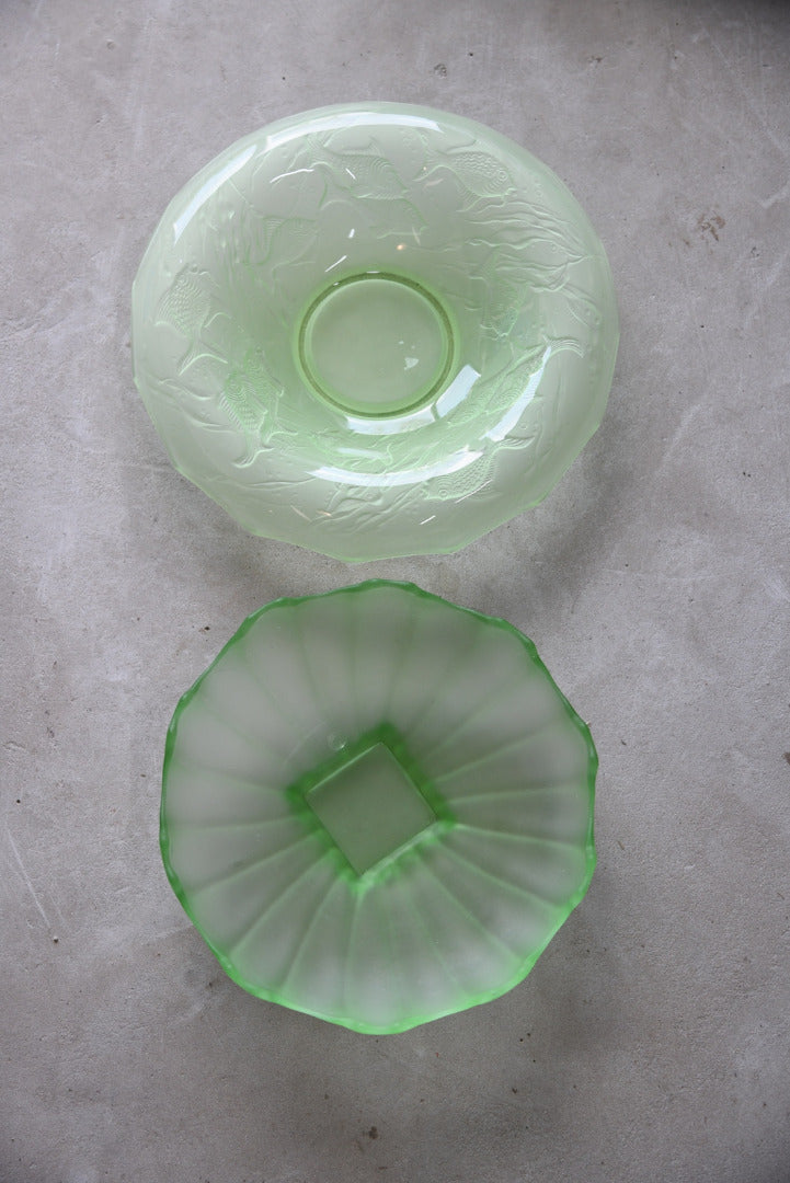 Two Deco Green Glass Bowls