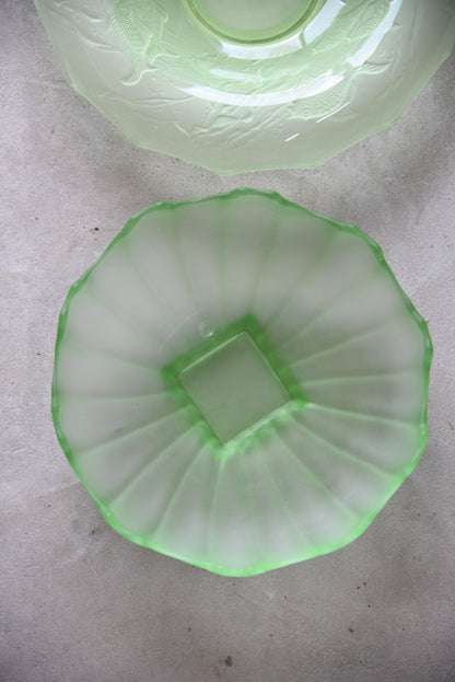 Two Deco Green Glass Bowls