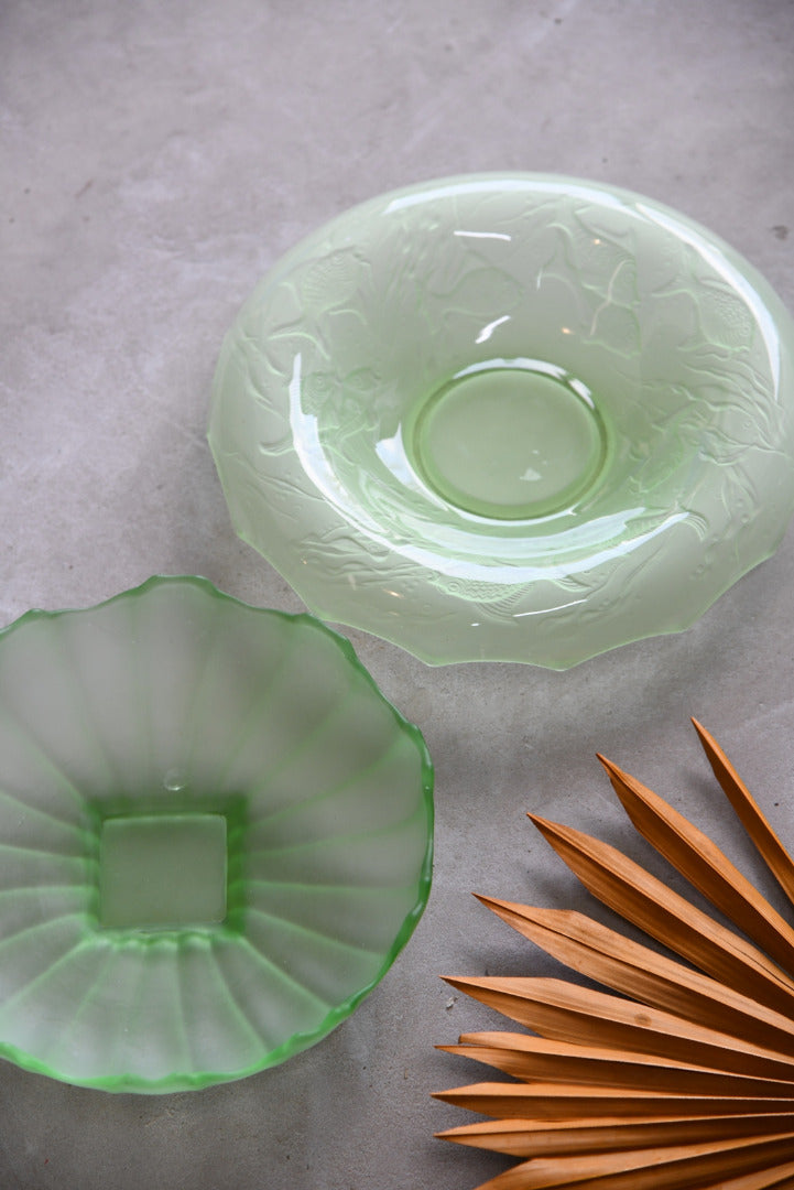 Two Deco Green Glass Bowls