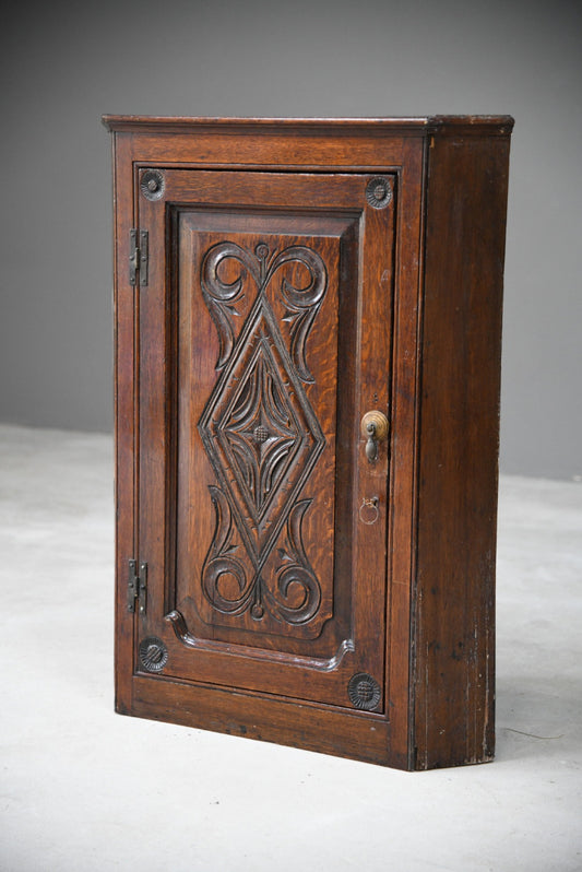 Antique Carved Oak Hanging Corner Cupboard