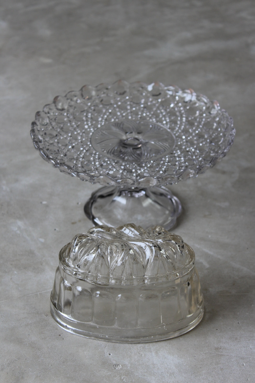 Vintage Glass Cake Stand & Jelly Mould - Kernow Furniture