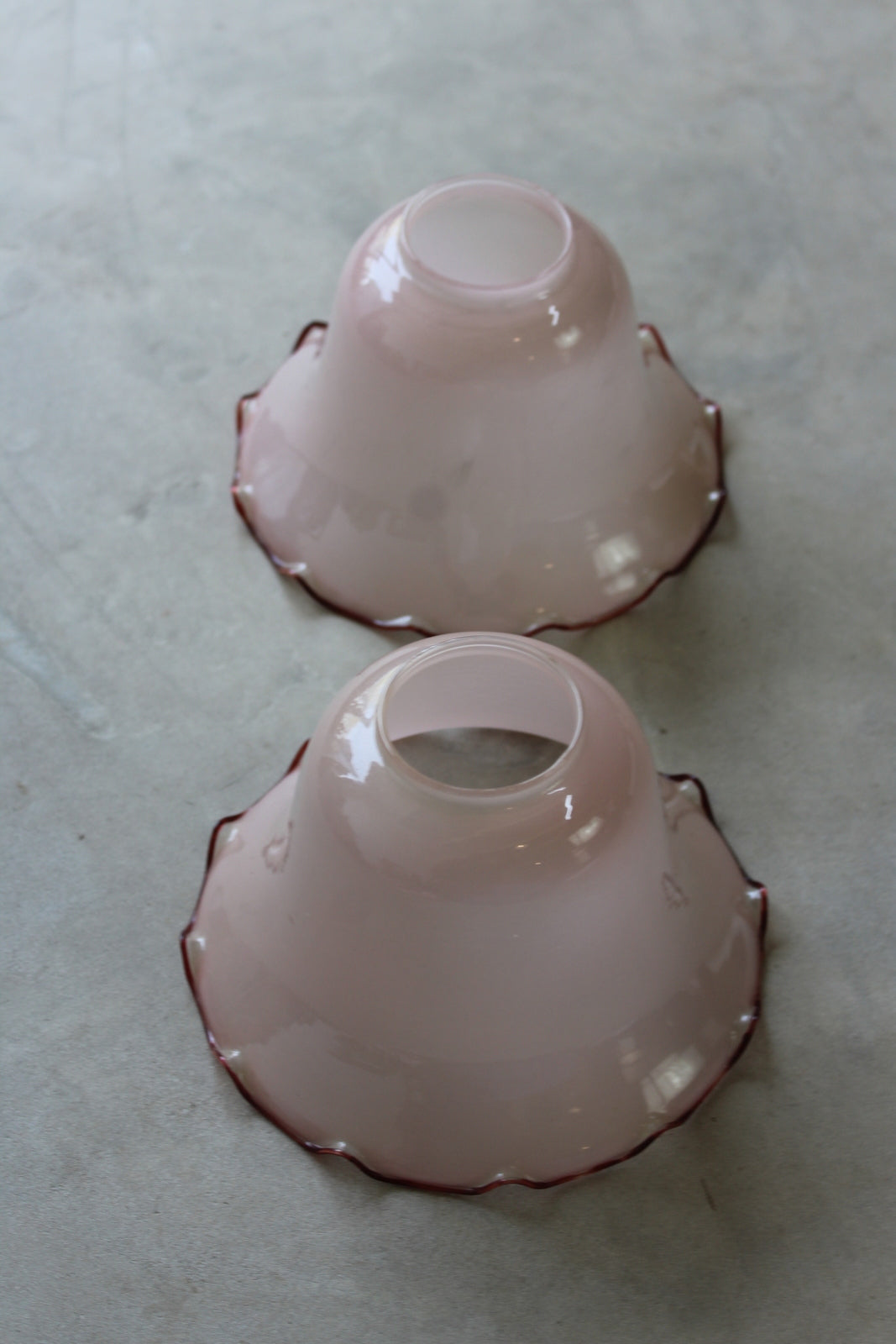 Pair Pink Glass Frilly Bell Shape Lamp Shades - Kernow Furniture