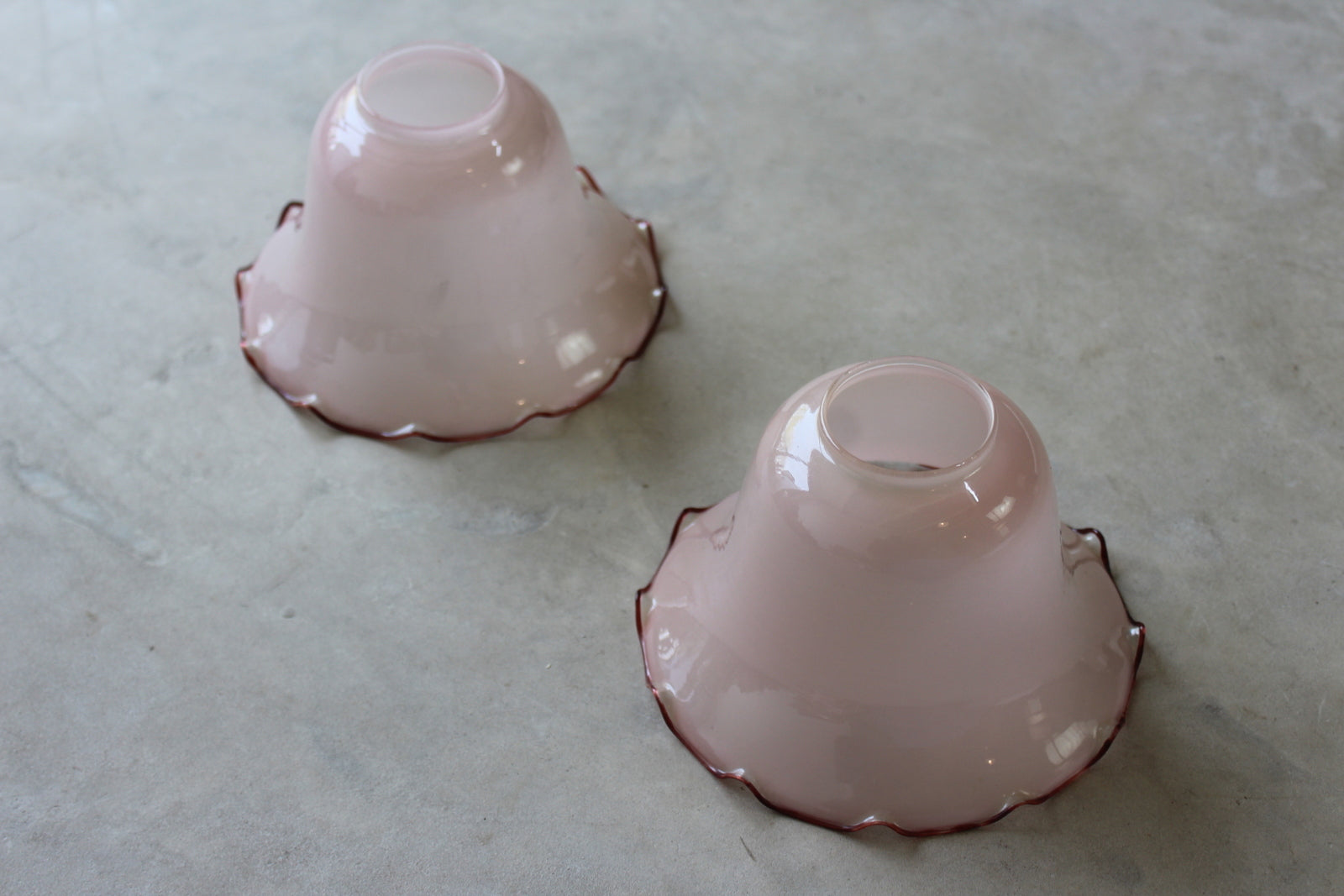 Pair Pink Glass Frilly Bell Shape Lamp Shades - Kernow Furniture