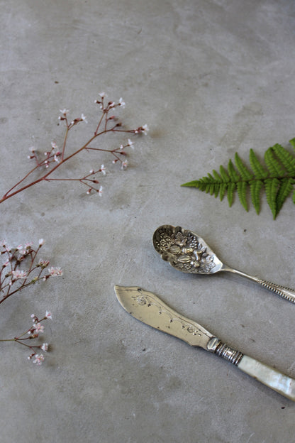 Vintage Pressed Fruit Spoon & Mother of Pearl Knife - Kernow Furniture