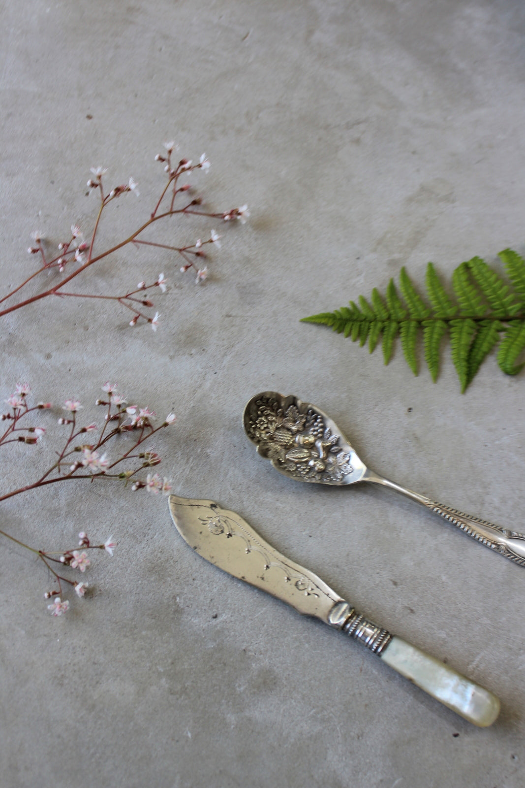 Vintage Pressed Fruit Spoon & Mother of Pearl Knife - Kernow Furniture