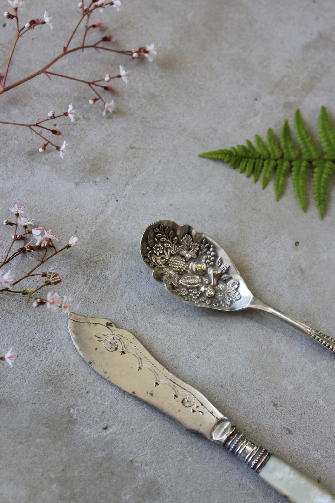 Vintage Pressed Fruit Spoon & Mother of Pearl Knife - Kernow Furniture