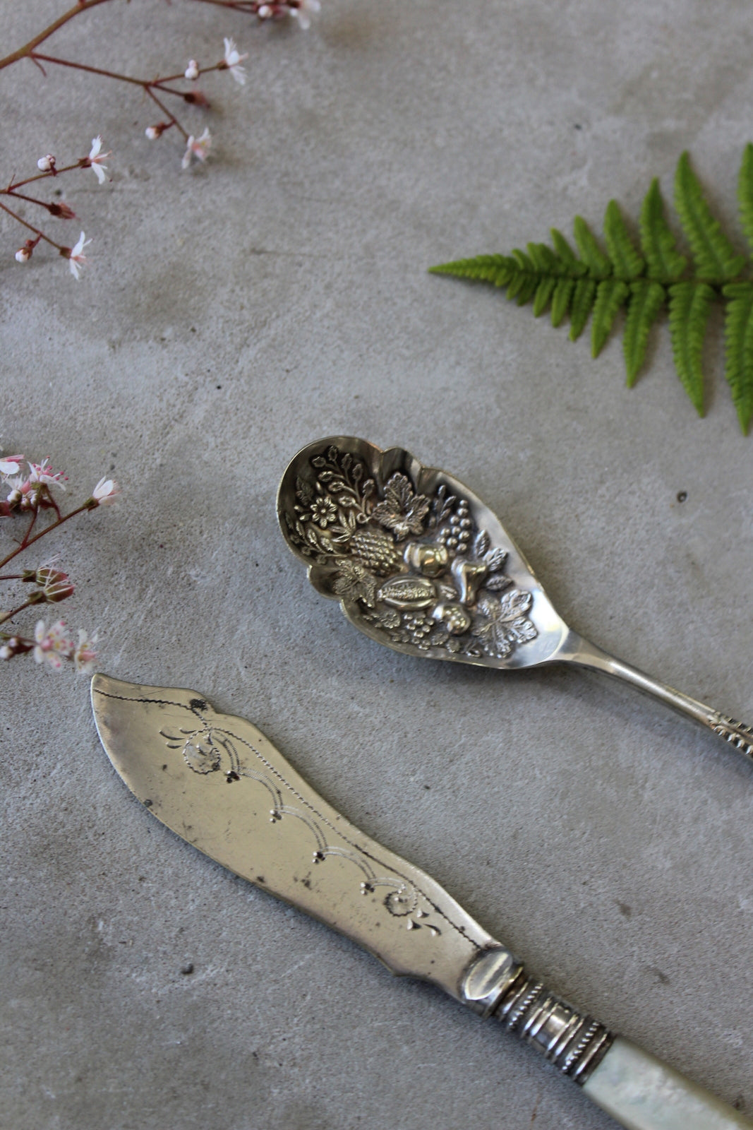 Vintage Pressed Fruit Spoon & Mother of Pearl Knife - Kernow Furniture