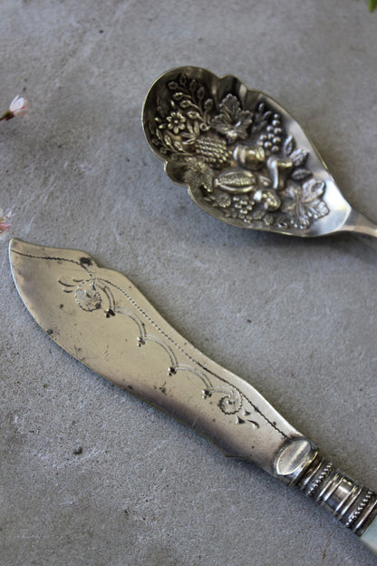 Vintage Pressed Fruit Spoon & Mother of Pearl Knife - Kernow Furniture