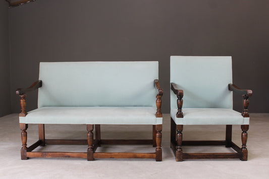 Antique Oak Upholstered Bench & Chair - Kernow Furniture