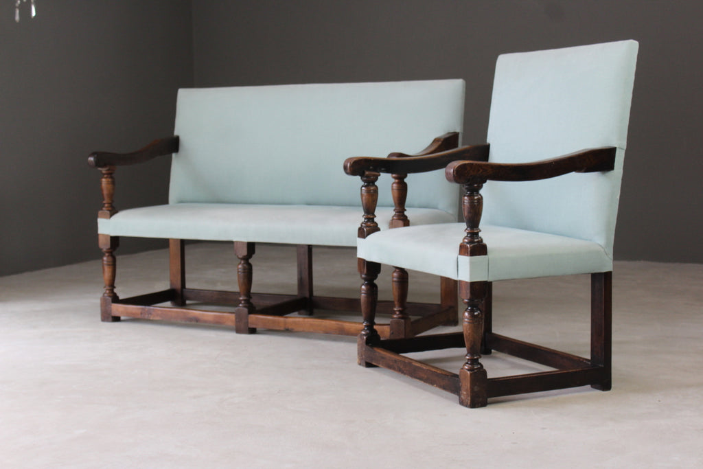 Antique Oak Upholstered Bench & Chair - Kernow Furniture