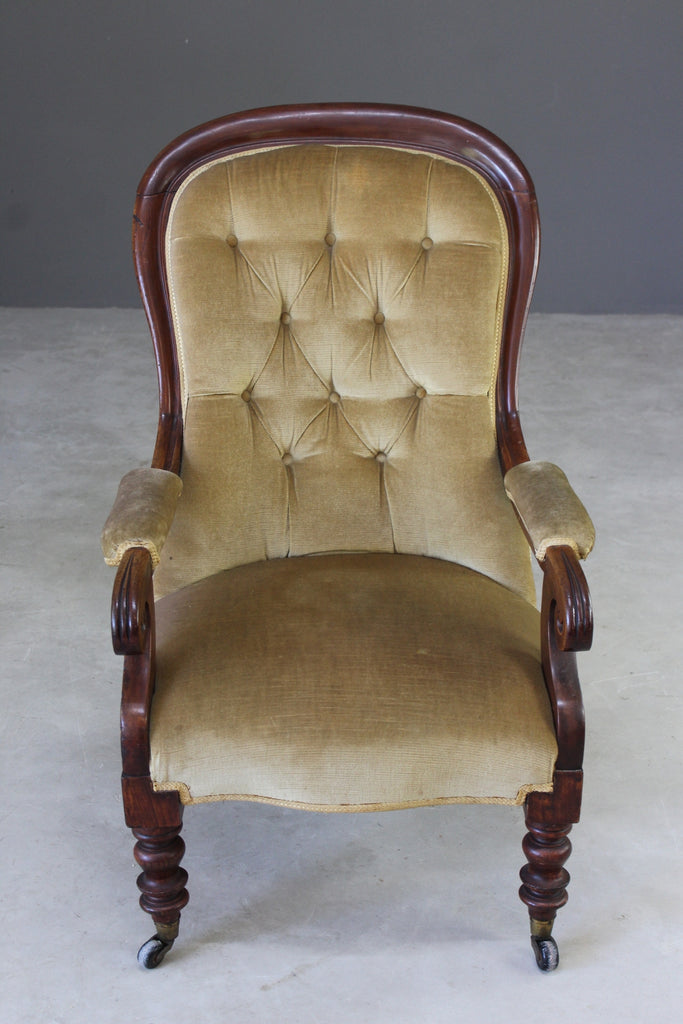 Antique Victorian Upholstered Button Back Armchair - Kernow Furniture