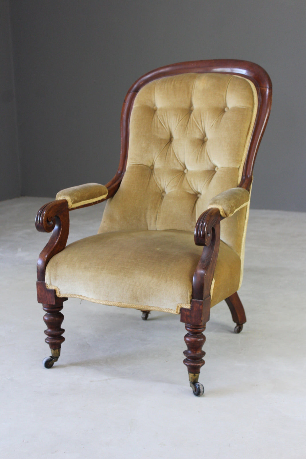 Antique Victorian Upholstered Button Back Armchair - Kernow Furniture