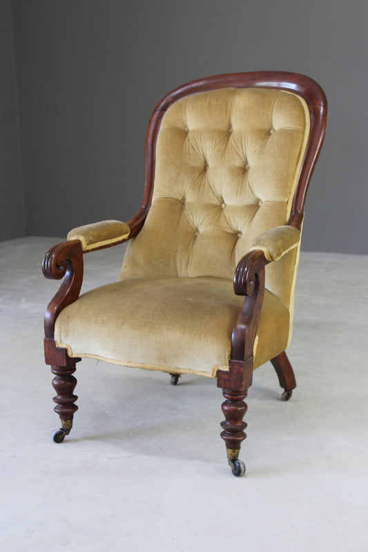 Antique Victorian Upholstered Button Back Armchair - Kernow Furniture