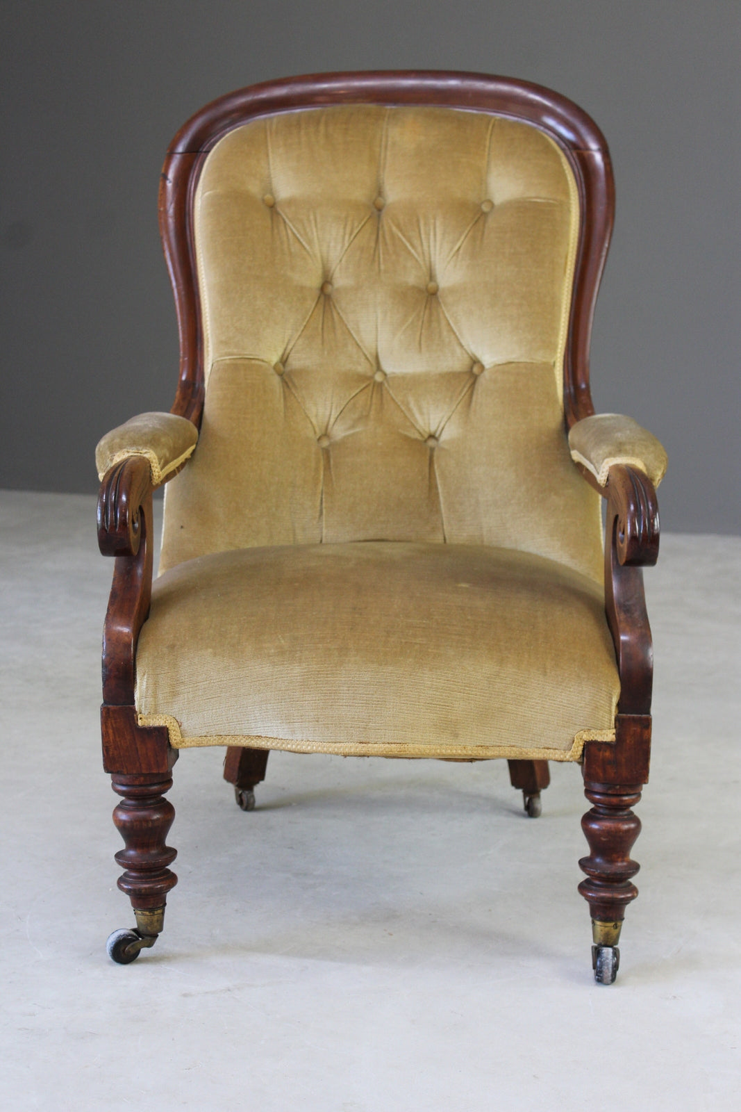 Antique Victorian Upholstered Button Back Armchair - Kernow Furniture