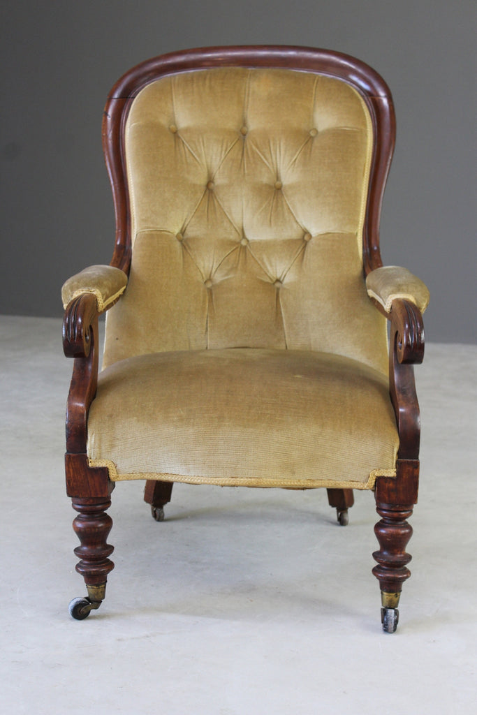 Antique Victorian Upholstered Button Back Armchair - Kernow Furniture