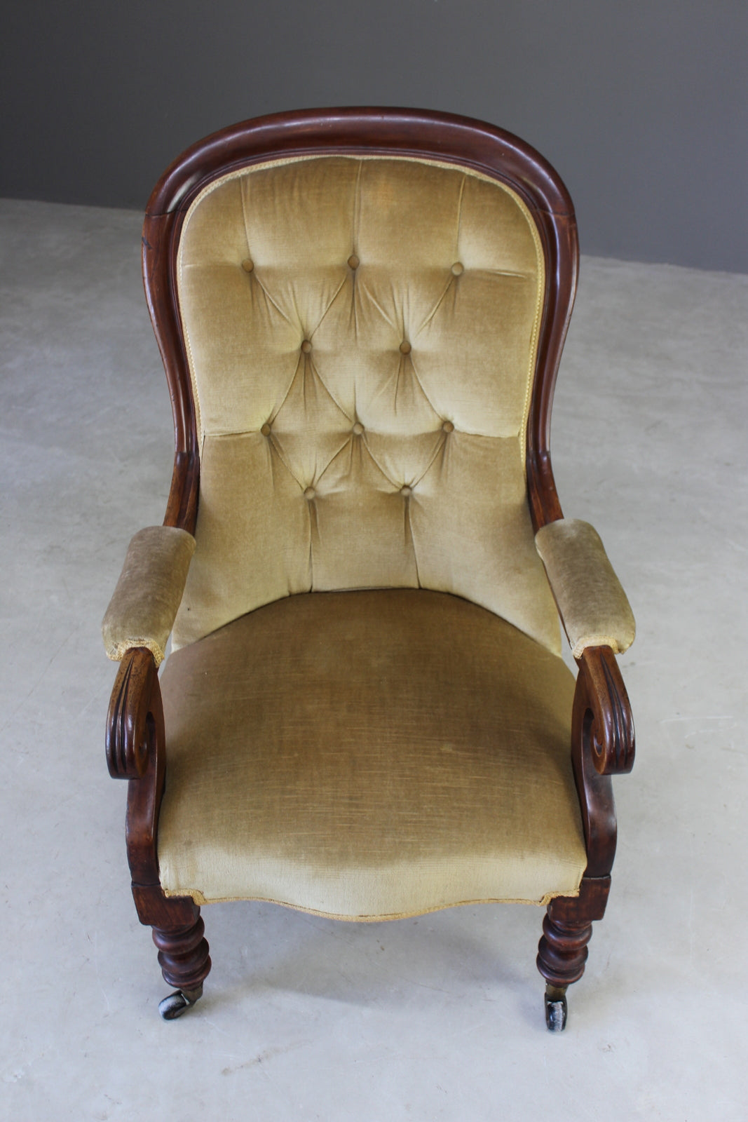 Antique Victorian Upholstered Button Back Armchair - Kernow Furniture