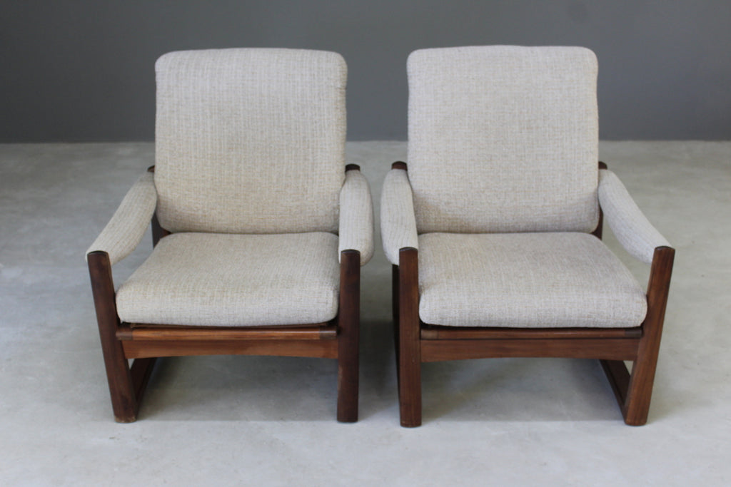 Pair Retro Guy Rogers Teak Frame Armchairs - Kernow Furniture