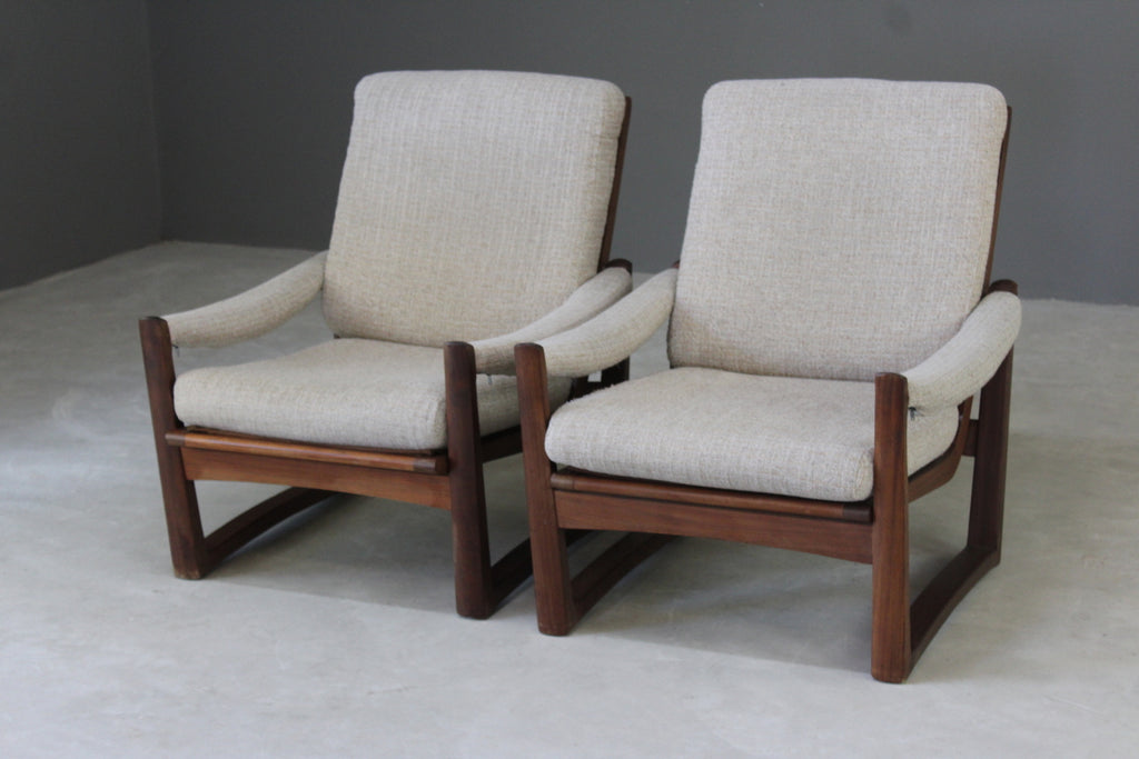 Pair Retro Guy Rogers Teak Frame Armchairs - Kernow Furniture