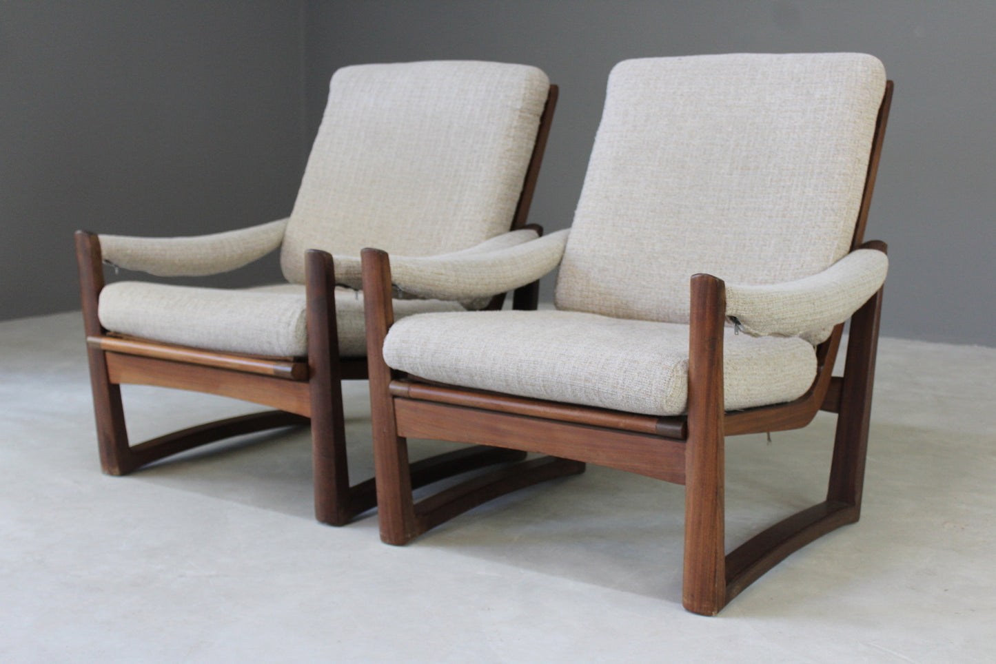 Pair Retro Guy Rogers Teak Frame Armchairs - Kernow Furniture