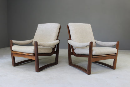 Pair Retro Guy Rogers Teak Frame Armchairs - Kernow Furniture