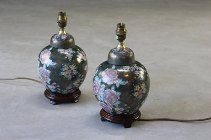 Pair Oriental Floral Table Lamps - Kernow Furniture