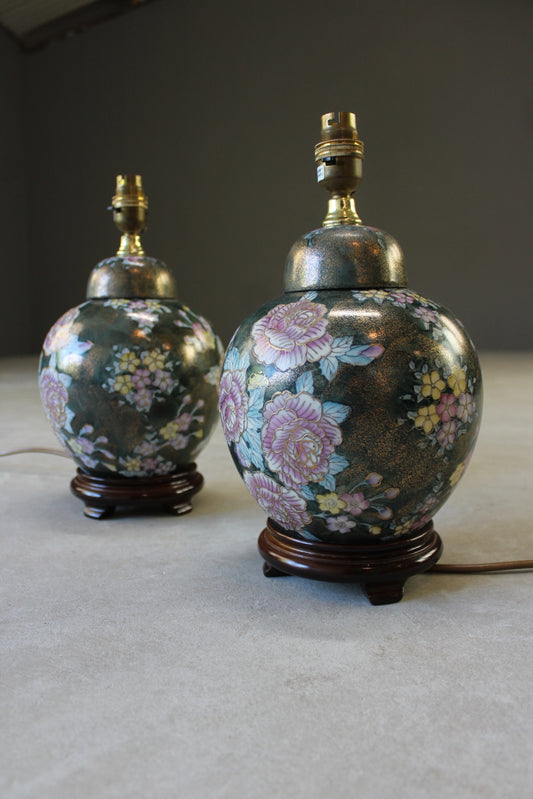 Pair Oriental Floral Table Lamps - Kernow Furniture