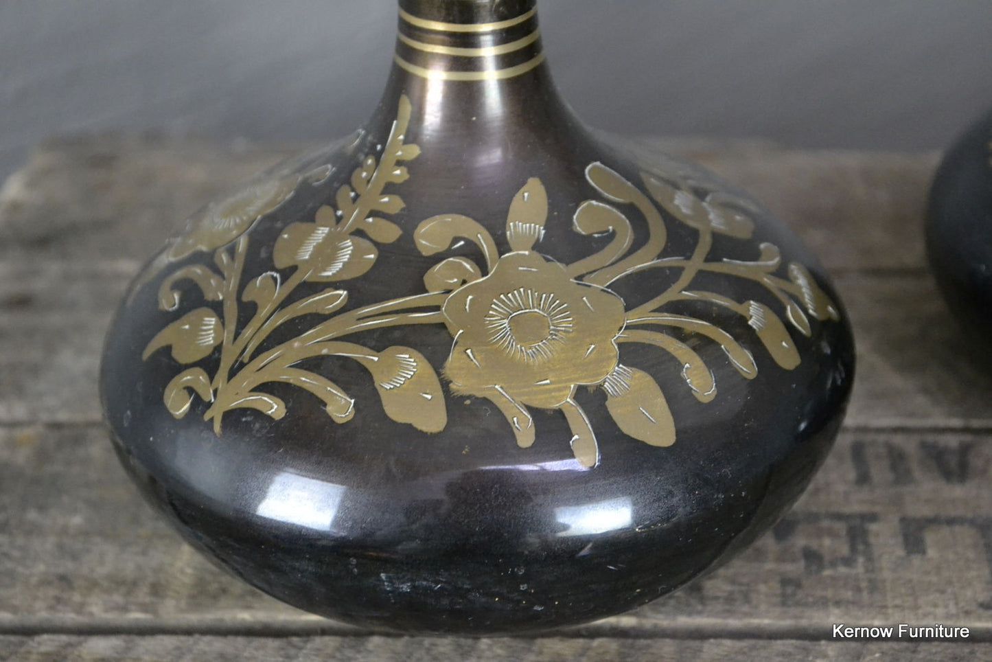 Pair Asian Etched Brass Vase - Kernow Furniture