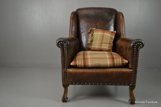 Antique Brown Leather Armchair - Kernow Furniture