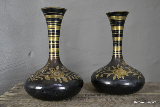 Pair Asian Etched Brass Vase - Kernow Furniture