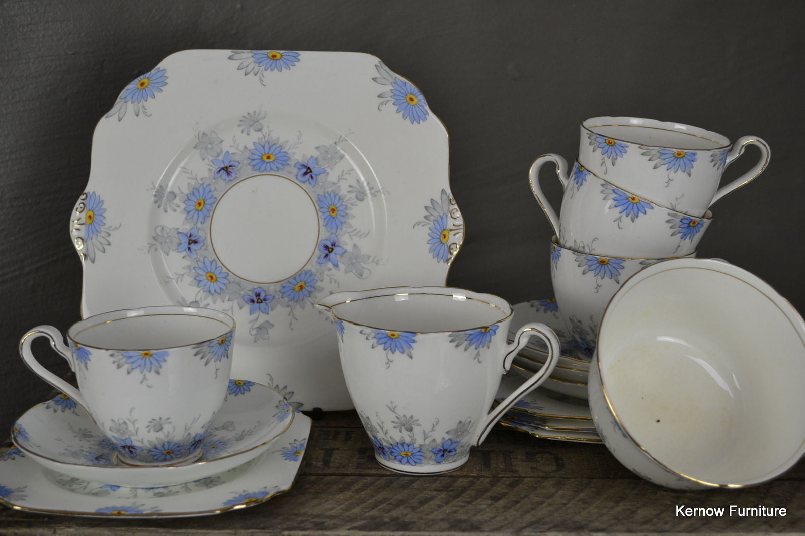 Vintage Pretty Blue & White Gladstone Floral Deco China Tea Set - Kernow Furniture