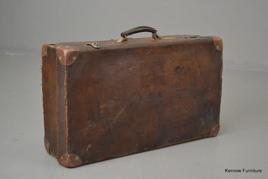 Antique Brown Leather Suitcase - Kernow Furniture