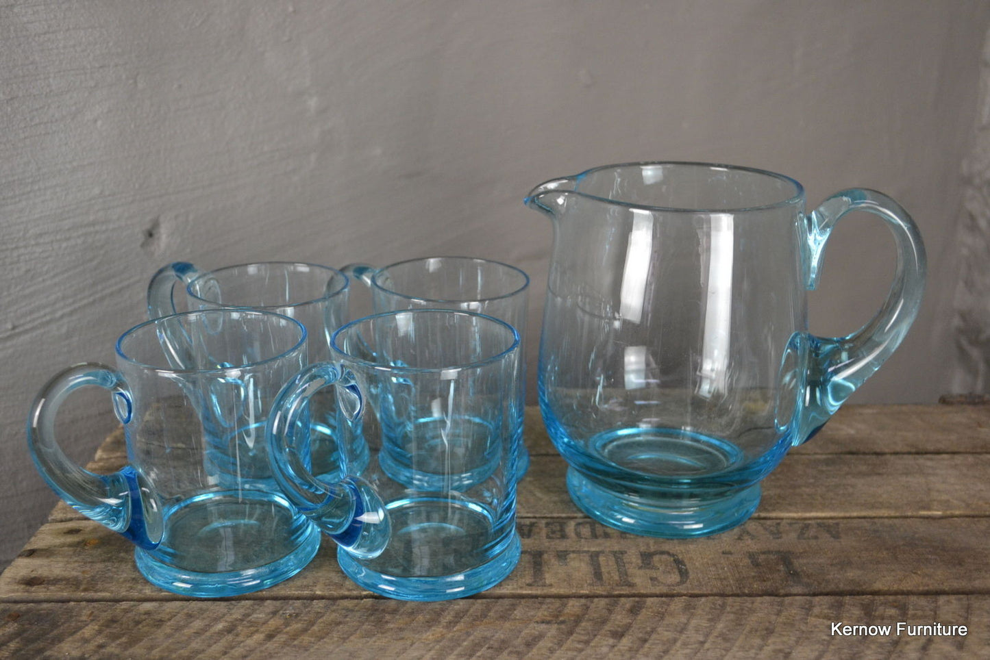 4 Blue Glass Mugs & Jug - Kernow Furniture