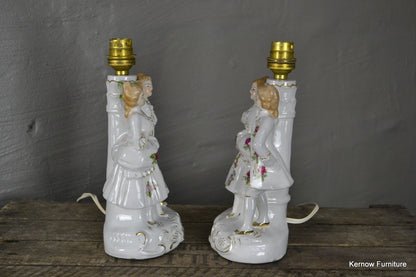 Pair Vintage Porcelain Figurine Table Lamps - Kernow Furniture