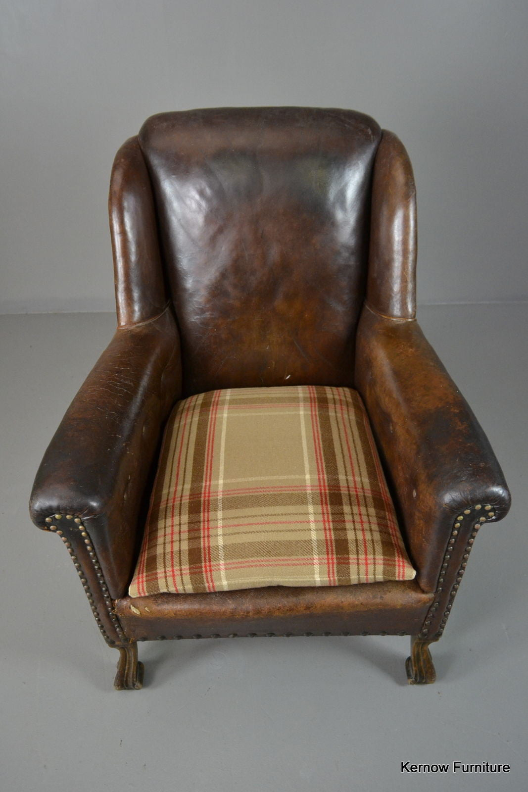 Antique Brown Leather Armchair - Kernow Furniture