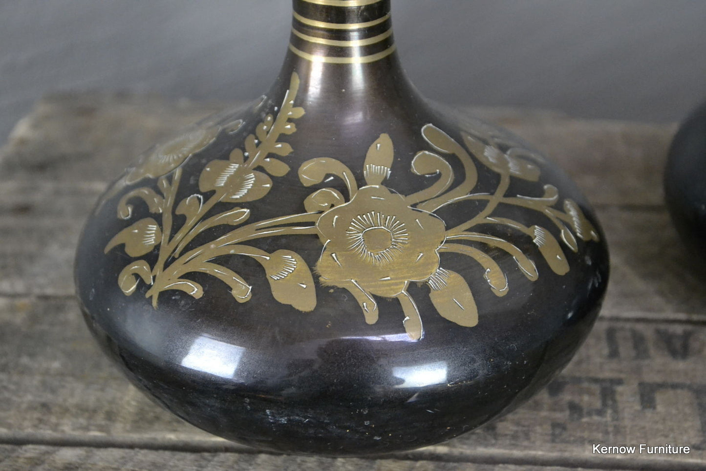 Pair Asian Etched Brass Vase - Kernow Furniture