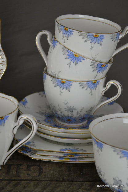 Vintage Pretty Blue & White Gladstone Floral Deco China Tea Set - Kernow Furniture