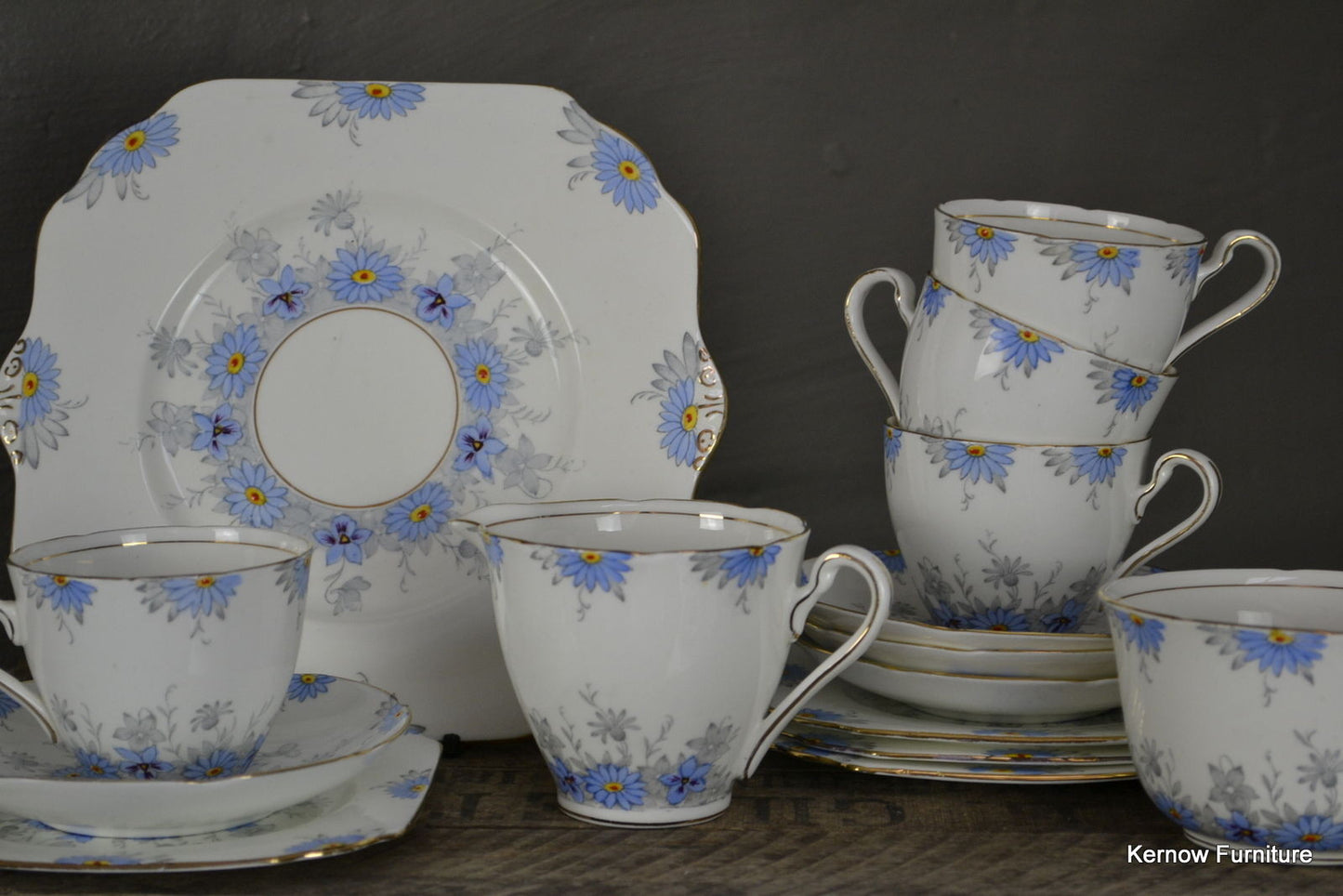 Vintage Pretty Blue & White Gladstone Floral Deco China Tea Set - Kernow Furniture