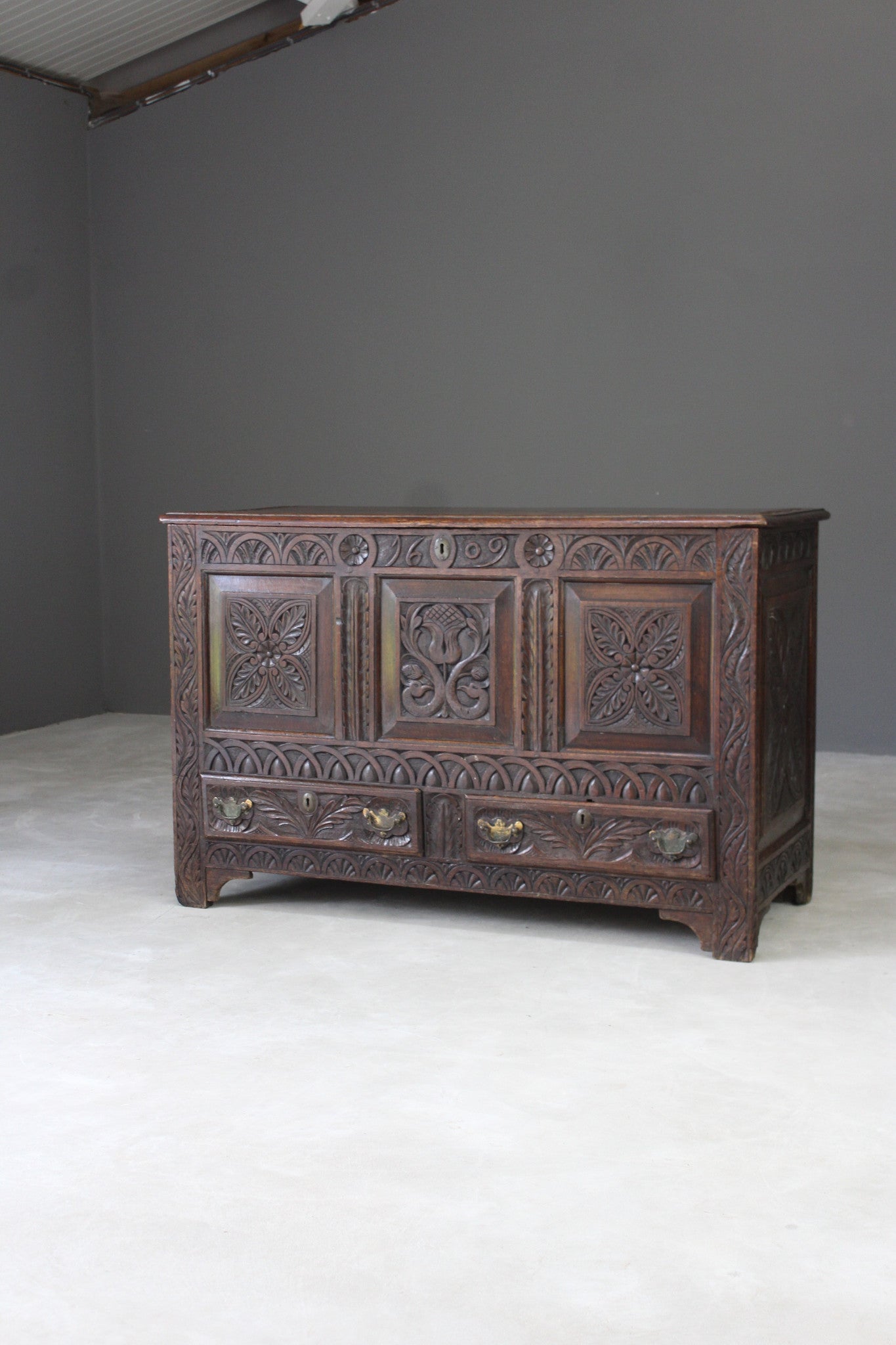 Antique Carved Oak Mule Chest - Kernow Furniture