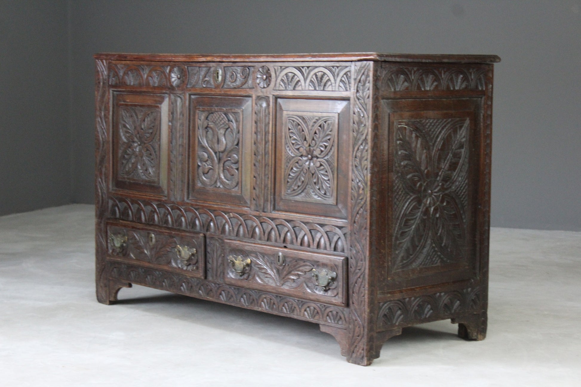 Antique Carved Oak Mule Chest - Kernow Furniture