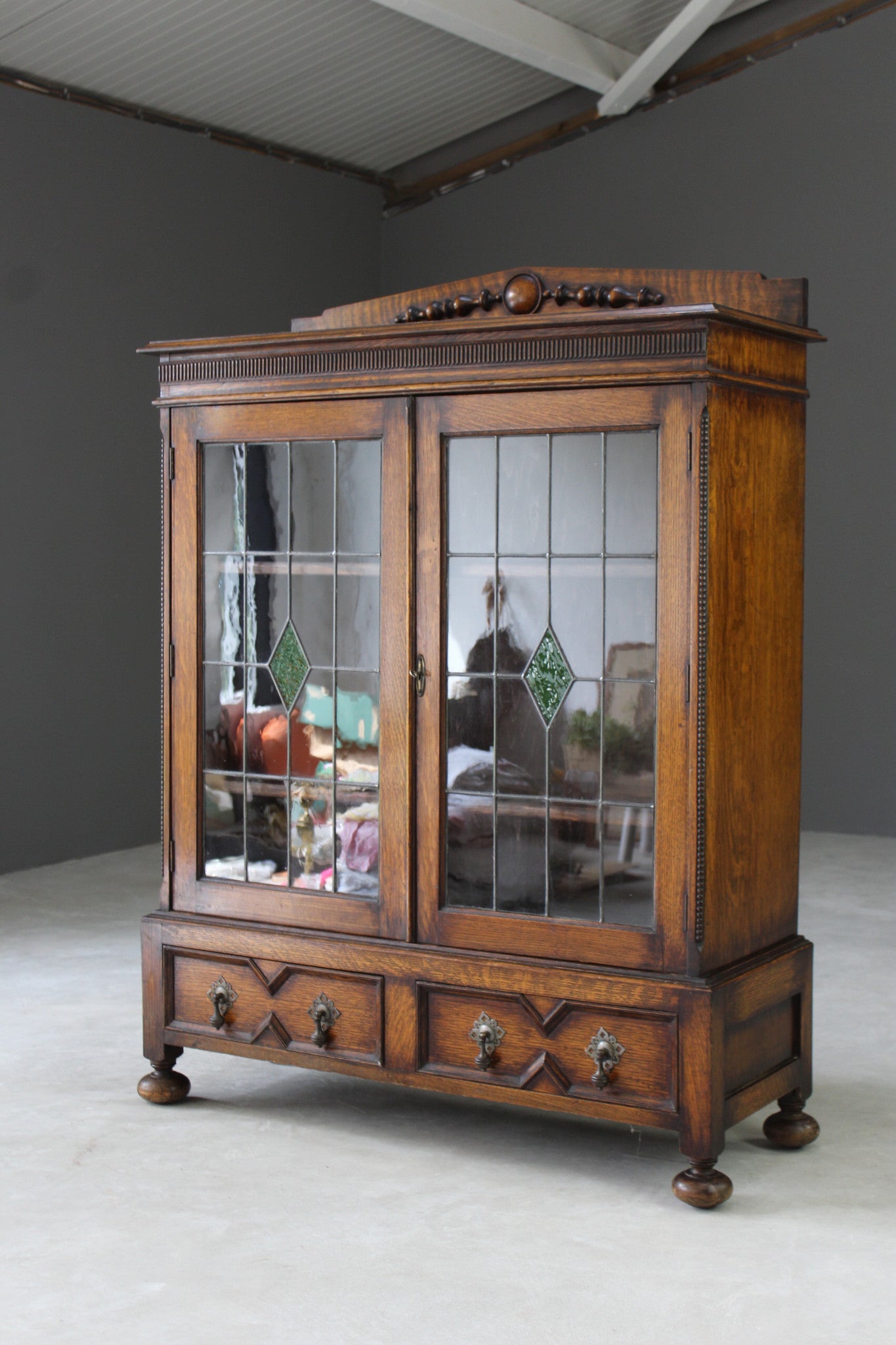 1930s Oak Lead Glazed Bookcase - Kernow Furniture