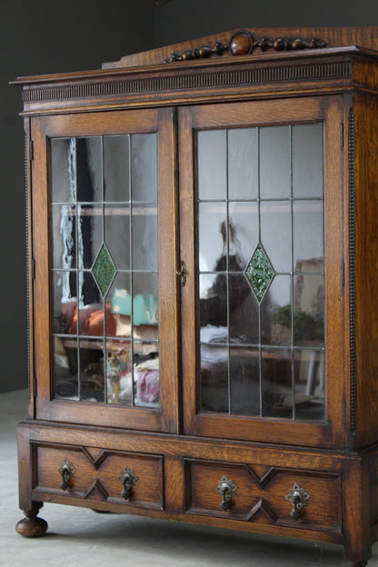 1930s Oak Lead Glazed Bookcase - Kernow Furniture