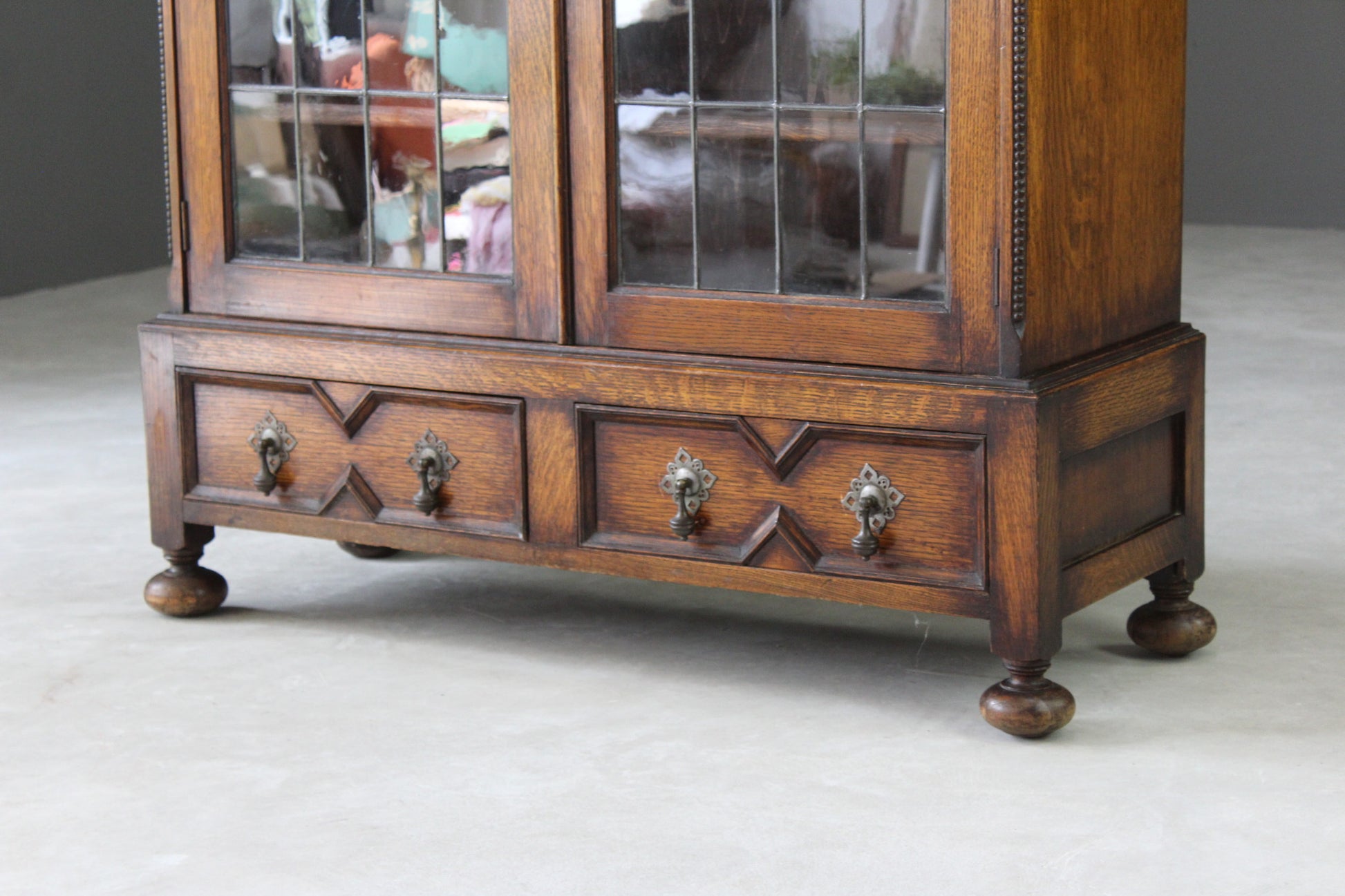 1930s Oak Lead Glazed Bookcase - Kernow Furniture