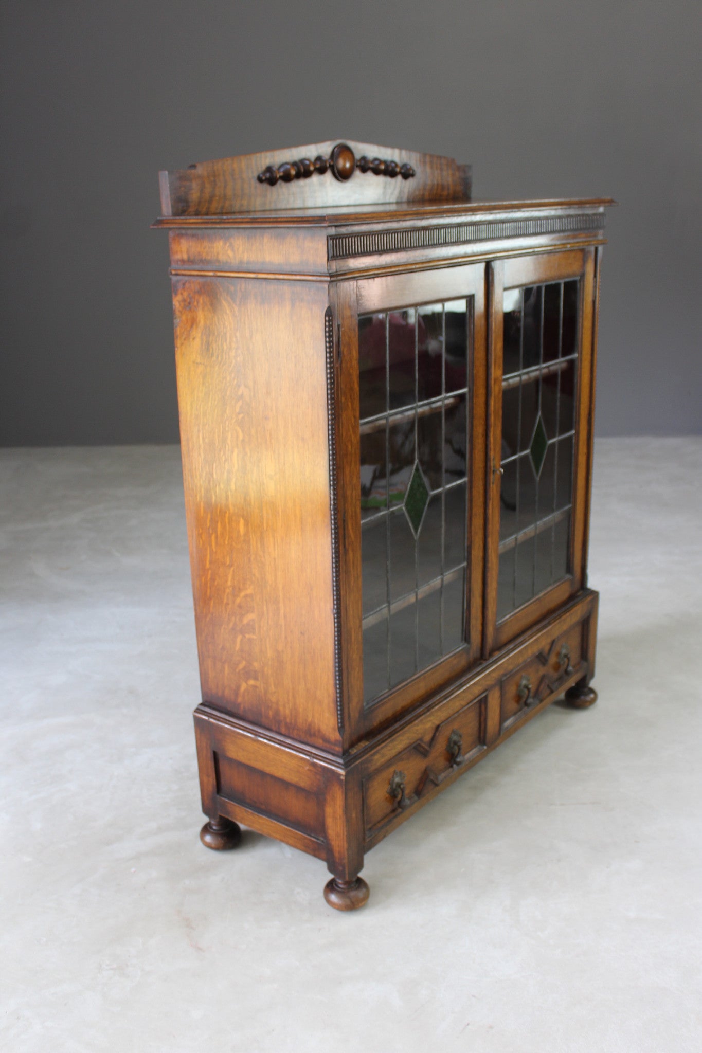 1930s Oak Lead Glazed Bookcase - Kernow Furniture