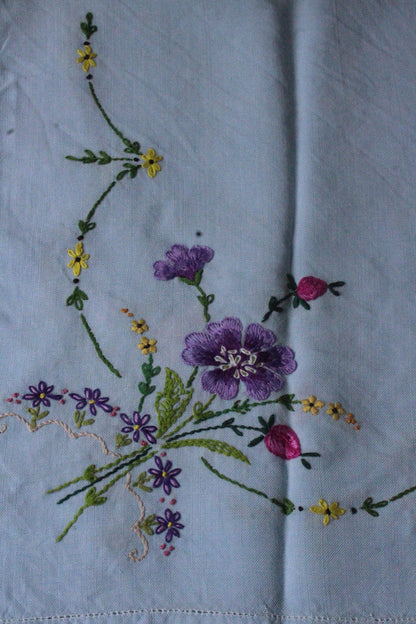 Vintage blue Embroidered Floral Square Tablecloth - Kernow Furniture