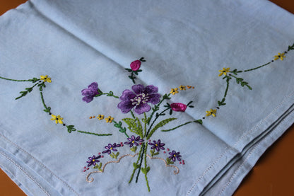Vintage blue Embroidered Floral Square Tablecloth - Kernow Furniture