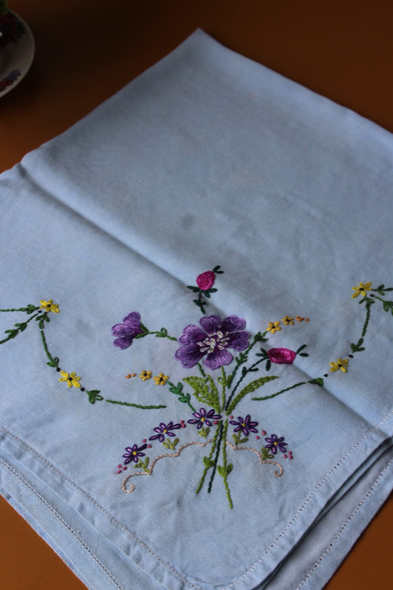 Vintage blue Embroidered Floral Square Tablecloth - Kernow Furniture