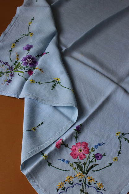 Vintage blue Embroidered Floral Square Tablecloth - Kernow Furniture